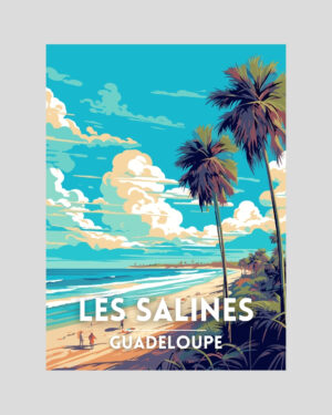 Affiche illustrée de la plage des Salines en Guadeloupe avec palmiers, ciel coloré et mer turquoise