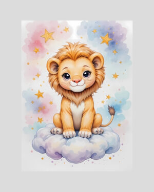 Affiche lionceau enfant assis sur un nuage dans un ciel pastel étoilé