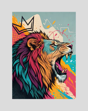 Affiche pop art d’un lion rugissant avec crinière multicolore et fond graphique, style urbain