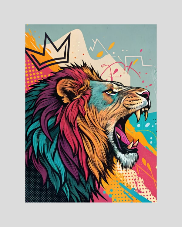 Affiche pop art d’un lion rugissant avec crinière multicolore et fond graphique, style urbain