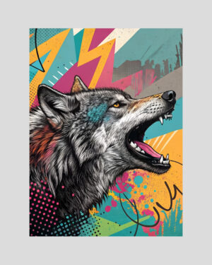 Affiche pop art d’un loup stylisé sur fond urbain éclaté aux couleurs vives