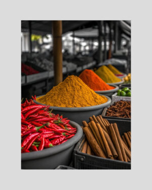 Marché antillais avec étals d’épices colorées en premier plan – piments, curcuma, cannelle – affiche ambiance créole