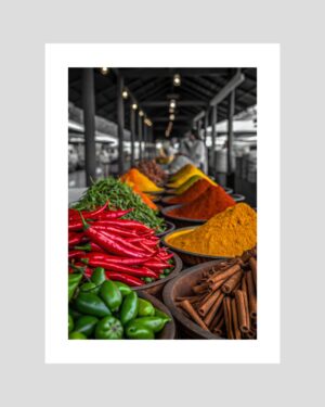 Marché d’épices en Guadeloupe avec piments, cannelle et curcuma sur fond noir et blanc – affiche déco antillaise