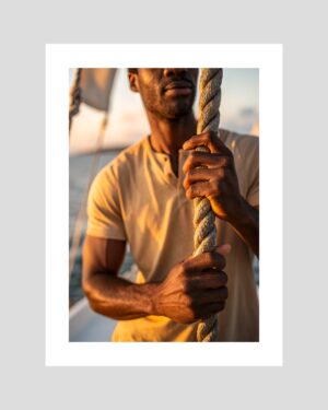 Affiche d’un homme antillais tenant une corde à bord d’un bateau, lumière dorée du coucher de soleil