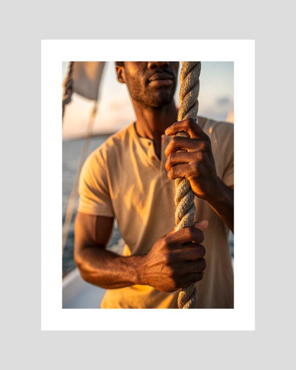 Affiche d’un homme antillais tenant une corde à bord d’un bateau, lumière dorée du coucher de soleil