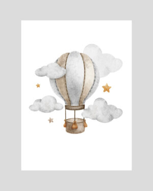Affiche montgolfière pour enfant avec nuages et étoiles dans des tons doux