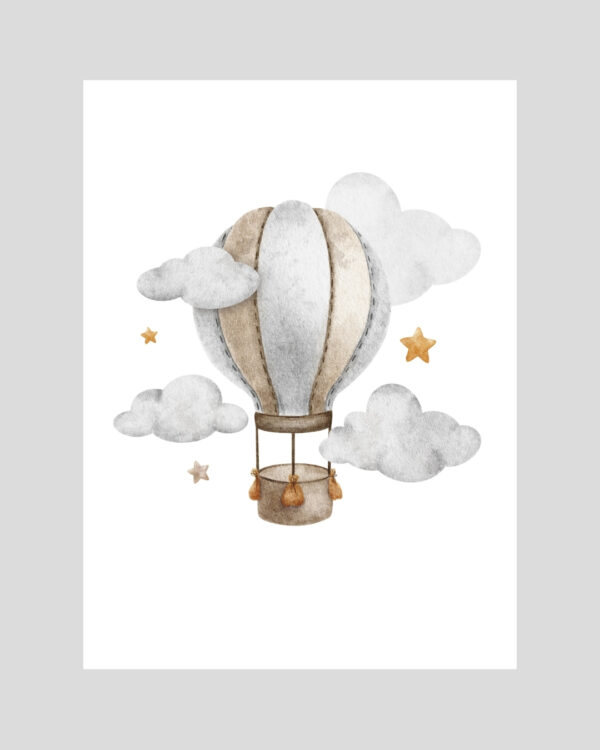 Affiche montgolfière pour enfant avec nuages et étoiles dans des tons doux