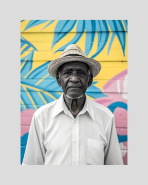 Portrait noir et blanc d’un homme créole avec fond mural coloré bleu, jaune et rose – affiche Guadeloupe