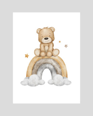 Affiche ourson assis sur arc-en-ciel pastel pour chambre d’enfant