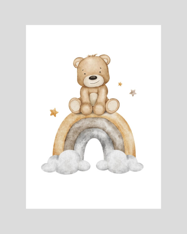 Affiche ourson assis sur arc-en-ciel pastel pour chambre d’enfant