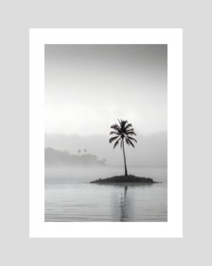 Affiche noir et blanc d’un palmier solitaire sur un îlot tropical dans la brume – paysage calme et zen