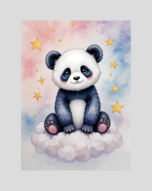 Affiche enfant panda rêveur assis sur un nuage dans un ciel étoilé pastel