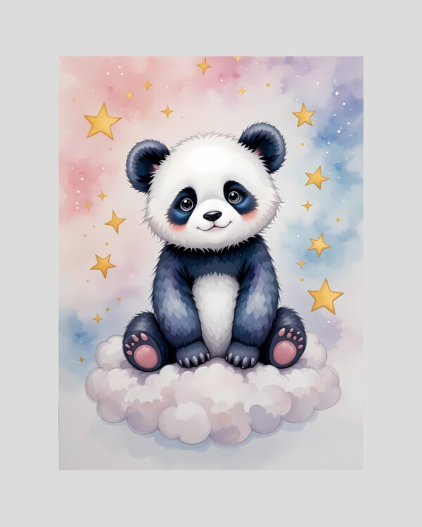 Affiche enfant panda rêveur assis sur un nuage dans un ciel étoilé pastel