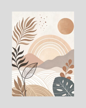 Affiche coucher de soleil stylisé avec feuillages et collines en tons beige, terracotta et vert sauge, style paysage bohème minimaliste