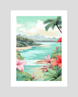 Illustration d’un paysage tropical avec lagon, fleurs colorées et montagnes à l’horizon