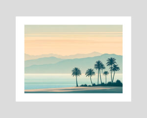Affiche paysage tropical avec palmiers, mer calme et collines pastel dans un style minimaliste