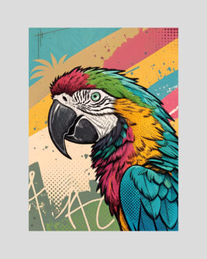 Affiche pop art d’un perroquet tropical multicolore sur fond graphique vintage