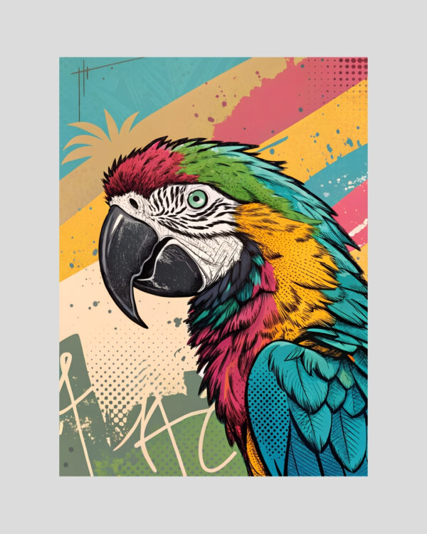 Affiche pop art d’un perroquet tropical multicolore sur fond graphique vintage