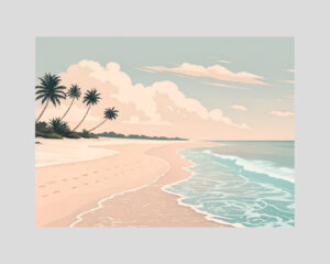 Affiche plage tropicale minimaliste avec palmiers, ciel pastel et vagues douces sur le sable