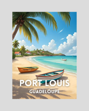 Affiche illustrée de Port-Louis en Guadeloupe avec plage, cocotiers et bateaux colorés