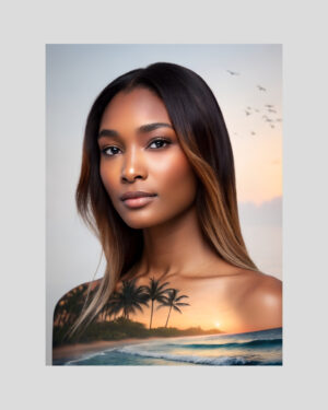 Affiche artistique d’un portrait de femme créole en double exposition avec un coucher de soleil tropical