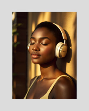Portrait d’une femme créole en écoute, casque audio et lumière dorée sur peau noire au soleil, ambiance Guadeloupe