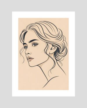 Affiche minimaliste d’un portrait féminin élégant dessiné au trait fin sur fond beige