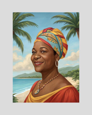 Affiche portrait d’une femme créole en Guadeloupe avec un madras coloré et un fond bord de mer tropical