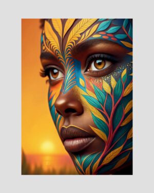 Portrait artistique d’une femme guadeloupéenne orné de motifs floraux verts et dorés au coucher du soleil, imprimé localement