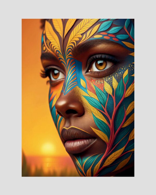 Portrait artistique d’une femme guadeloupéenne orné de motifs floraux verts et dorés au coucher du soleil, imprimé localement