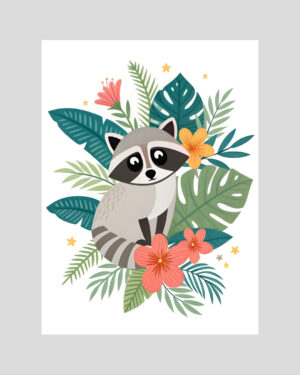 Affiche enfant avec un raton laveur mignon entouré de plantes et fleurs tropicales