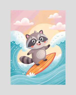 Affiche enfant raton laveur surfeur dans les vagues avec ciel pastel