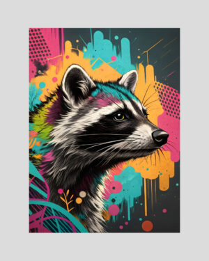 Affiche pop art d’un raton laveur sur fond graphique éclaté rose, turquoise, jaune et noir