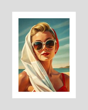 Affiche rétro d’une femme pin-up à la plage avec lunettes et foulard