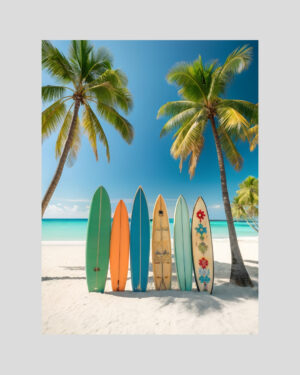 Affiche de planches de surf colorées alignées sur une plage tropicale avec sable blanc, palmiers et mer turquoise