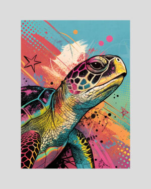 Affiche pop art d’une tortue de mer colorée sur fond éclaté rose, turquoise, jaune et noir
