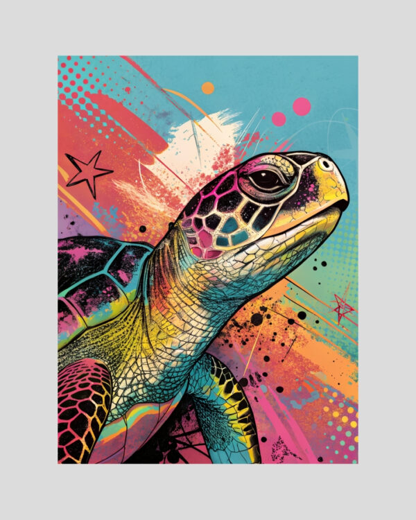 Affiche pop art d’une tortue de mer colorée sur fond éclaté rose, turquoise, jaune et noir