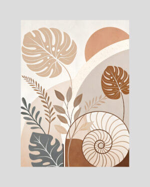 Affiche végétale bohème avec feuilles de monstera et coquillage graphique, couleurs ocre, sable et gris