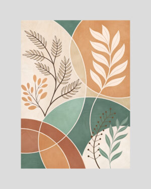 Affiche végétale boho avec feuillages stylisés et formes géométriques aux tons verts et terracotta