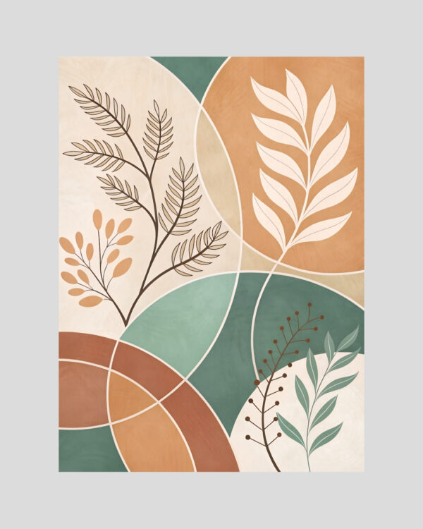 Affiche végétale boho avec feuillages stylisés et formes géométriques aux tons verts et terracotta