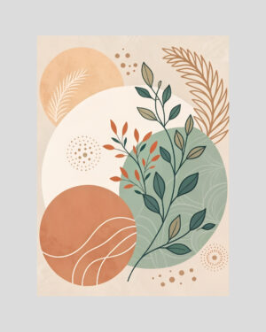 Affiche végétale minimaliste style bohème avec rameaux verts et terracotta, cercles abstraits et fond beige