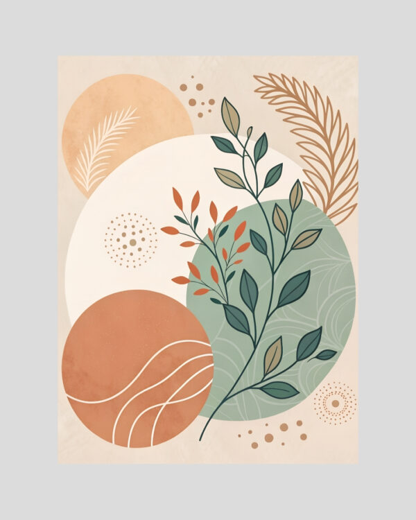 Affiche végétale minimaliste style bohème avec rameaux verts et terracotta, cercles abstraits et fond beige