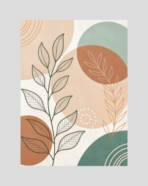 Affiche minimaliste de feuillages stylisés sur fond terracotta, vert sauge et sable