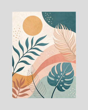 Affiche colorée style végétal minimaliste avec feuilles stylisées et soleil doré, dans les tons corail, vert, beige et terracotta