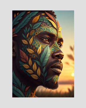 Profil artistique d’un homme antillais avec peintures végétales sur le visage, tons bleu-vert et doré, imprimé en Guadeloupe