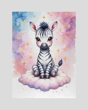 Affiche zèbre enfant sur un nuage avec fond pastel et étoiles dorées