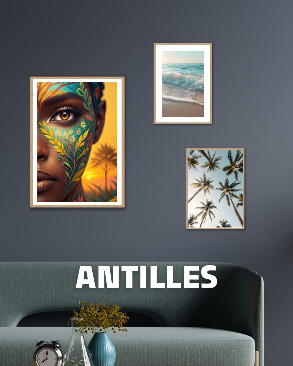 Affiches décoratives inspirées des Antilles avec portraits, plages et palmiers, ambiance tropicale chaleureuse.