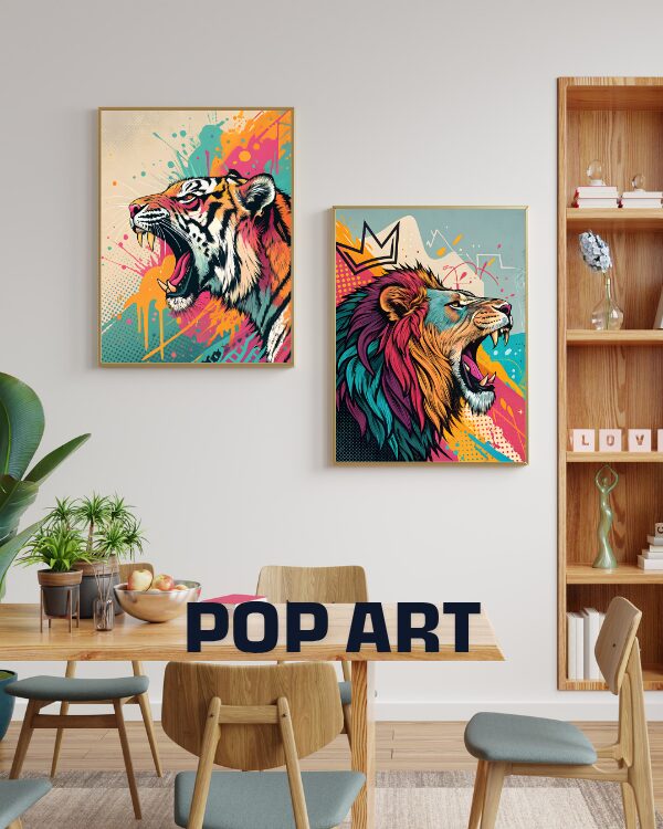 Affiches colorées style pop art représentant des animaux sauvages expressifs.