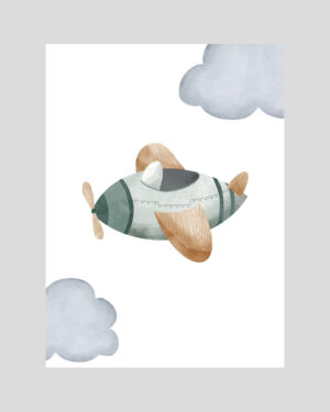 Affiche avion pour enfant en aquarelle avec nuages, illustration douce et minimaliste