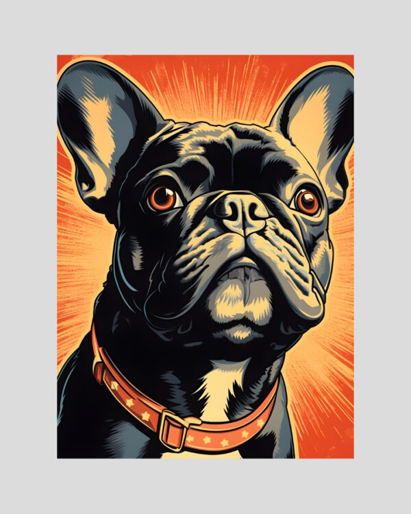 Affiche pop art d’un bouledogue français en style héros graphique